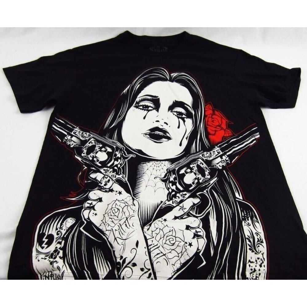 Kill It Clothing Tattooed Pin-Up Girl with Guns Roses Graphic Tee - Men's XL